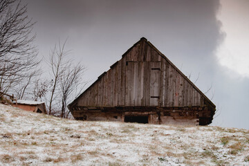 Winter isolated village landscape in Carpathians