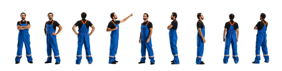 Profile, front and back view of man, male auto mechanic in dungarees standing alone isolated on...