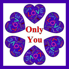 Inscription love in different colors in the heart, vector background for Valentine's Day, love is all around us