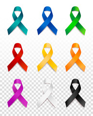 Ribbon awareness cancer set. Nine realistic most common colors ribbons. Design template for graphics. Vector illustration