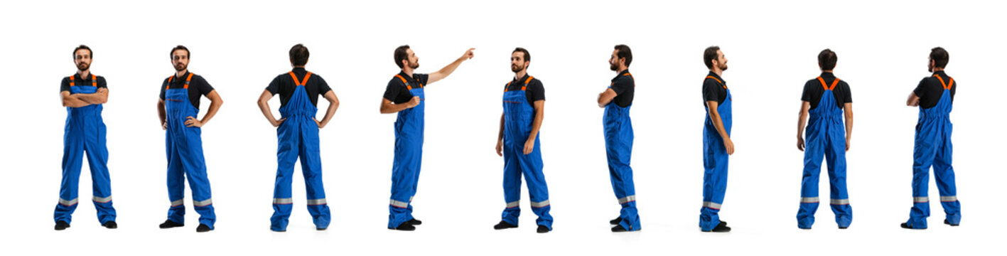 Profile, Front And Back View Of Man, Male Auto Mechanic In Dungarees Standing Alone Isolated On White Background. Concept Of Labor, Occupation