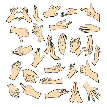 Set of miscellaneous women hands gestures simple colour. Vector Illustration of female hands for create logos, prints and other designs on white background