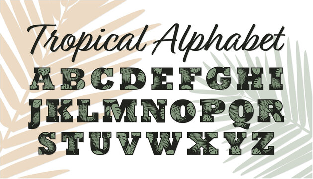 Tropical Alphabet Palm leaves letters Summer monogram Jungle abc