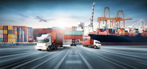 Global business logistics import export and container cargo freight ship loading at port by crane,...