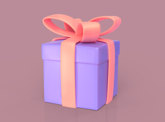 Purple gift box 3d, great design for any purposes. Cartoon raster illustration on pink background. Minimal render icon. Isolated cartoon gift box like toy mockup