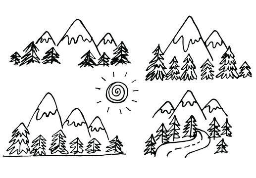Mountains and forest. Vector illustration. hand drawn