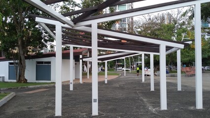 pergola type structure in park, outdoor
