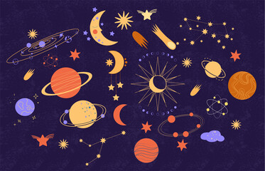 A set of different planets, stars, asteroids and comets in outer space. A children's universe in the style of doodles.  Hand drawn vector doodles. Galaxy constellations cartoon. Astronomy concept © ZinetroN