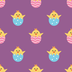 Vector seamless pattern with cute chick in egg. Cracked egg with ornament. Colorful.