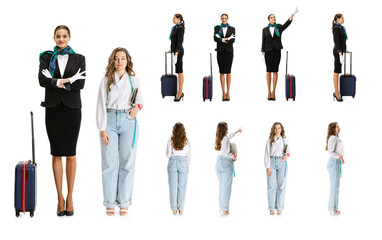 Collage with young girl, stewardess and designer standing together isolated on white background. Profile, front and rear view.