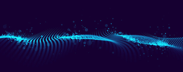 Dotted particles wave flow vector abstract technology and science background, big data flow, nanotechnology theme, beautiful abstraction design dots array cluster in wavy motion.