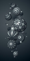 Abstract spheres vector phone background, composition of flying balls decorated with patterns, 3D mixed variety realistic globes with ornaments, smartphone wallpaper.