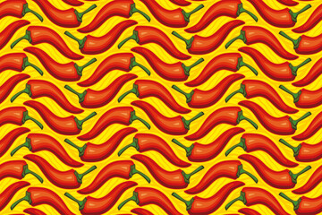 Chili Hot Red Peppers on Fiery Wavy Background- Seamless Vector Square Pattern - Easy to Color Edit