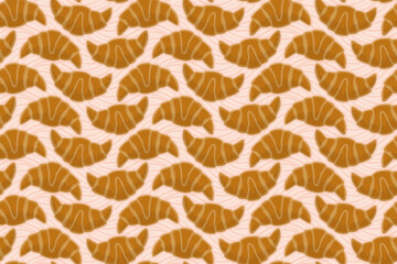 Crunchy Croissants on Salmon Pink Background - Seamless Vector Square Pattern - Easy to Color Edit