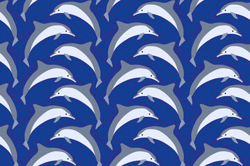 Flock of Jumping Dolphins on Blue Ocean Waves Background - Seamless Vector Square Pattern - Easy to Color Edit