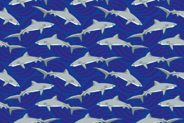 Flock of Diving Tiger Sharks on Blue Ocean Wavy Background - Seamless Vector Square Pattern - Easy to Color Edit
