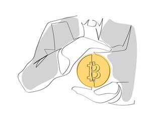 Continuous one line drawing. Hand holding abstract bitcoin. Cryptocurrency and e-commerce concept. 