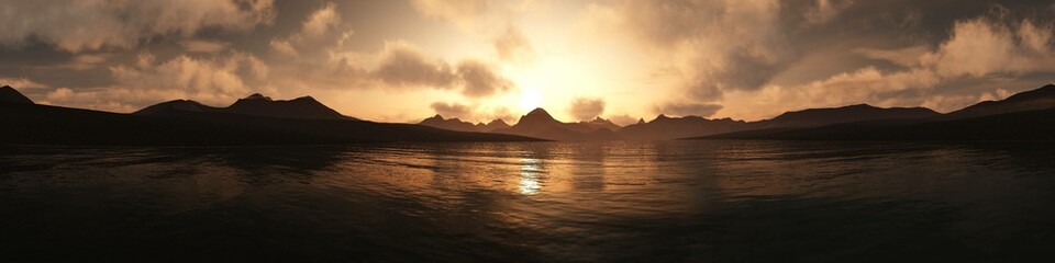 Beautiful sunset over the seashore, sunrise over water, 3d rendering
