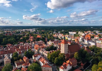 Summer aerial cityscape of Olsztyn (Poland) old town at sunset.