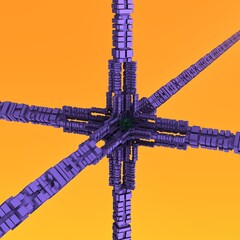 A 3D fractal object building a recursive node on an orange-yellow background.