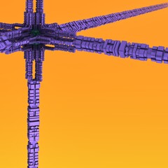 A 3D fractal object building a recursive node on an orange-yellow background.