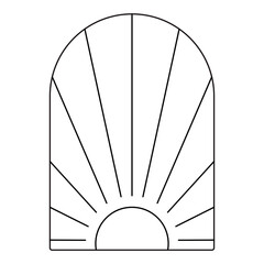 Sunset and sunrise outline logo. Boho emblem in arch frame. Bohemian emblem. Mid century style. Vector illustration