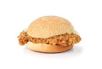 hamburger with fried chicken isolated on white background with clipping path.