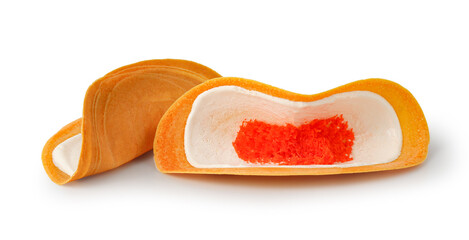 Thai Dessert Khanom Buang isolated on white background, Thai crispy pancake. cream crepes and gold egg yolks thread.