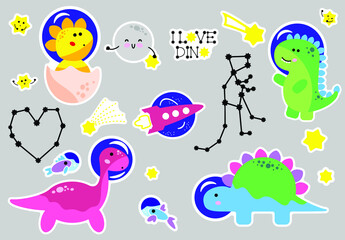 Obraz na płótnie Canvas Stickers dinosaurs astronauts in space. Cute and funny animals. Star signs, dino, heart, rocket. Lovely drawings. Constellation in cosmos.