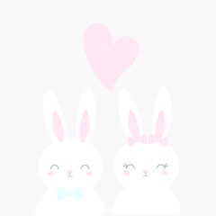 Lovely rabbits in love with a heart in pastel colors. Spring Easter decor. Vector illustration