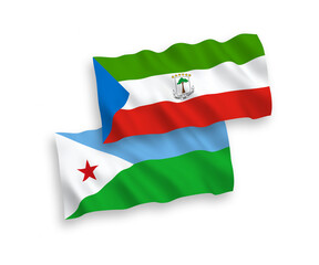 National vector fabric wave flags of Republic of Equatorial Guinea and Republic of Djibouti isolated on white background. 1 to 2 proportion.