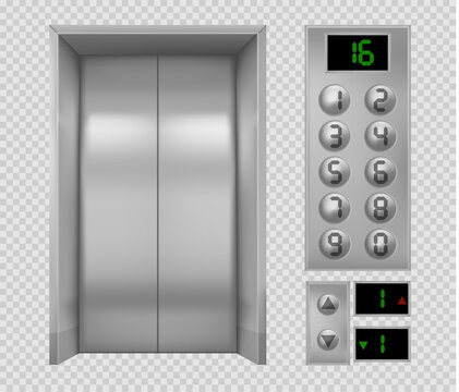 Realistic vector elevator door and buttons, up and down arrows with floor indicator. Metal or steel closed lift door and panel with green lights, panel and display.