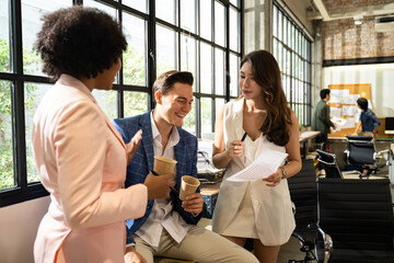 concept of Multi-Ethnic Office Conference Room Meeting.Multicultural Team of Creative Entrepreneurs Talking,Discuss Growth Strategy,planning.Diverse Young Business People work on e-Commerce Startup.

