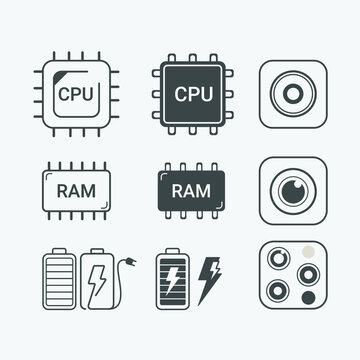 Specification icon Smartphone Set Vector, mobile icon, System, cpu, Ram, battery, electricity, Carmera 