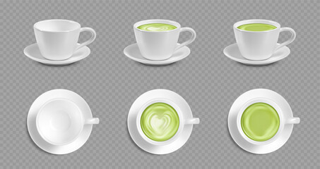 Realistic cup of hot aromatic green Japanese tea matcha latte drink set