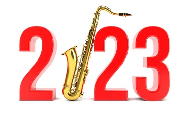 3D illustration of the number 2023 with Saxophone against white Background