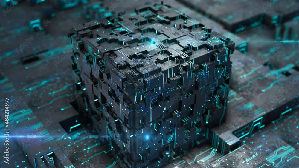 Poster high tech circuit cube. dark abstract technology motion background. depth of field settings. 3d rend