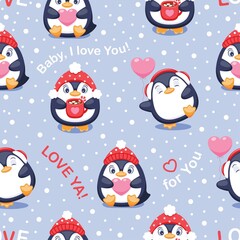 Naklejka premium Seamless pattern with cute penguins, hearts and snowflakes. Vector illustration.