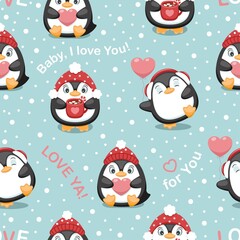Seamless pattern with cute penguins, hearts and snowflakes. Vector illustration.
