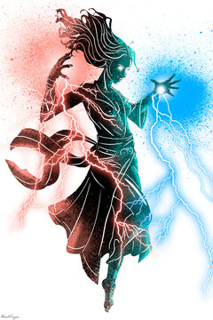 A beautiful goddess girl soars high in the sky. Lightning bolts of red and blue burst from her hands. She has a contemptuous grin on her face, her hair flutters in the air