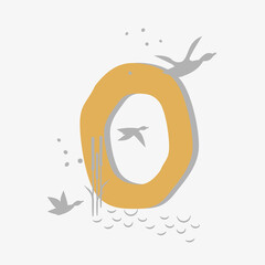Minimalistic pattern in an oriental style in form of letter O. Flock of birds, ducks flying, reeds growing by lake. Abstract objects, spots, points, shadows. Vector illustration, for logo design