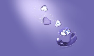 French sweet cookies in vintage pink cup. Pastry shop card  in trendy color 2022 Very Peri