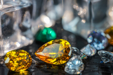 Natural Sapphire gemstone, Jewel or gems on black shine color, Collection of many natural gemstones on stone