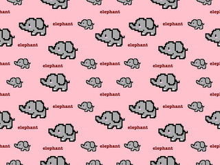 Elephant cartoon character seamless pattern on pink background.Pixel style