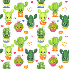 Seamless Cactus pattern. Cute cacti painted in watercolor, isolated on a white background. Children's cartoon characters. Potted indoor plants.