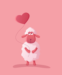 Obraz na płótnie Canvas Cute pink sheep with balloon in heart shape. Vector illustration.