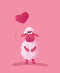 Cute pink sheep with balloon in heart shape.
Vector illustration.