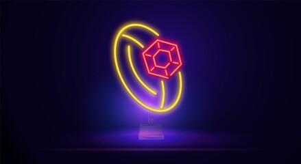 A glowing neon banner with a diamond ring on the stand. A jewelry icon for your design. Vector illustration.