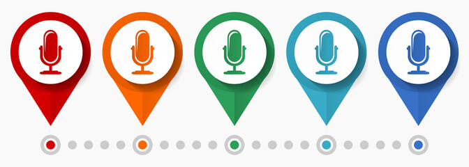 Microphone, podcast, radio concept vector icon set, flat design pointers, infographic template
