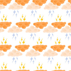 Obraz premium Clouds with lightning of seamless pattern. Cute hand drawn background.